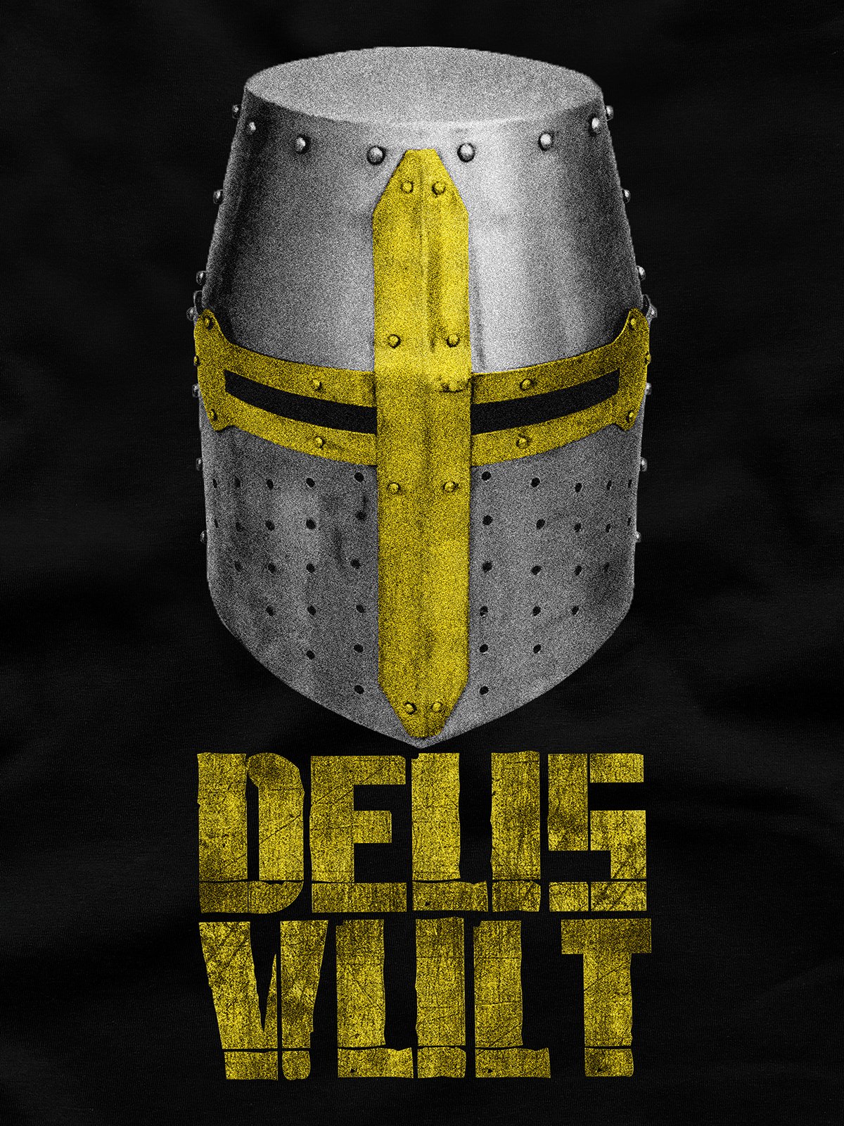 Detalhe da estampa Deus Vult, com elmo de cruzado e a frase em dourado sobre tecido preto