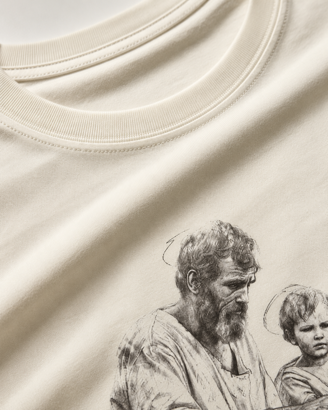 Detalhe da malha e gola da camiseta S&atilde;o Jos&eacute; Pai