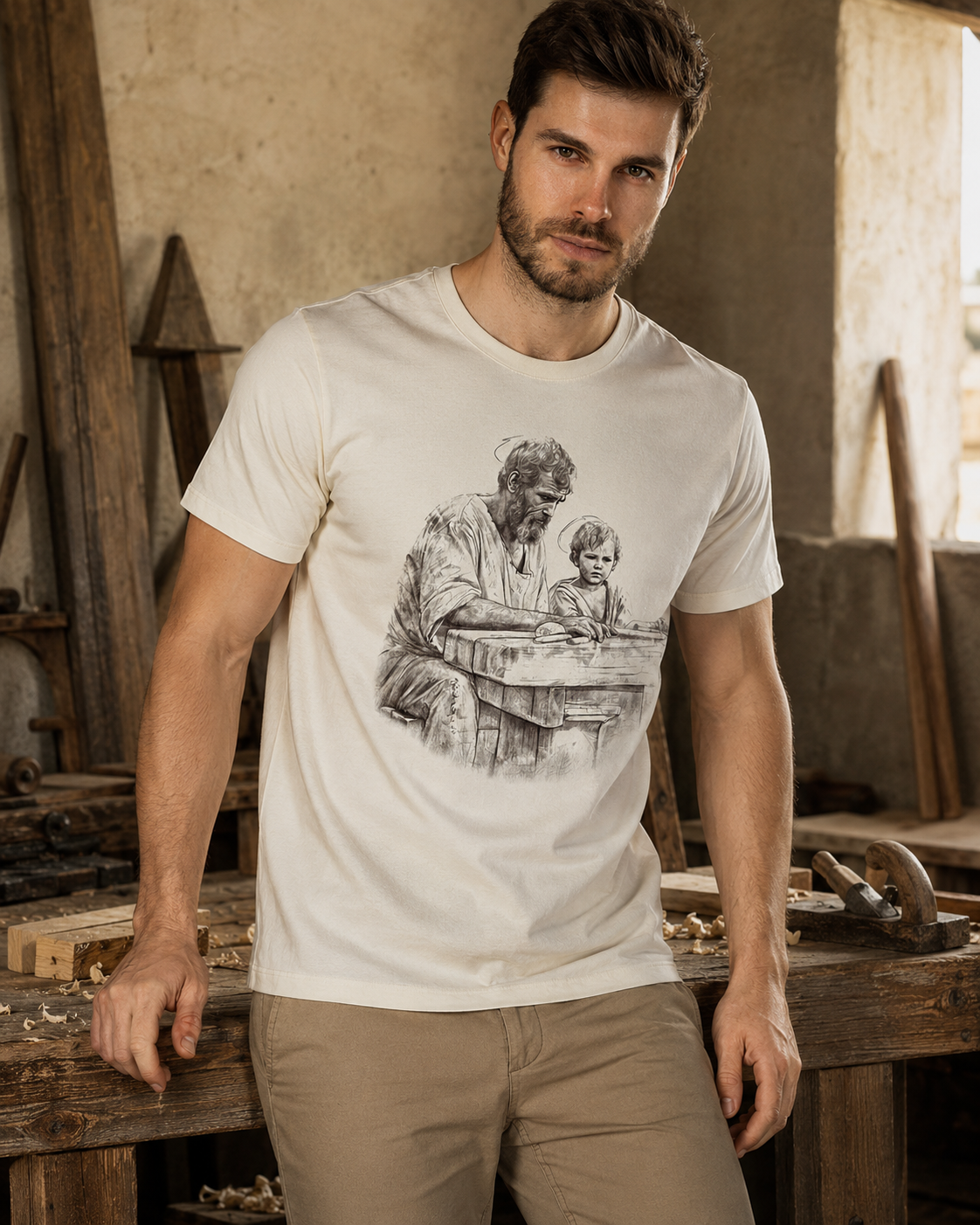 Camiseta S&atilde;o Jos&eacute; Pai Off-White Veste Sacra