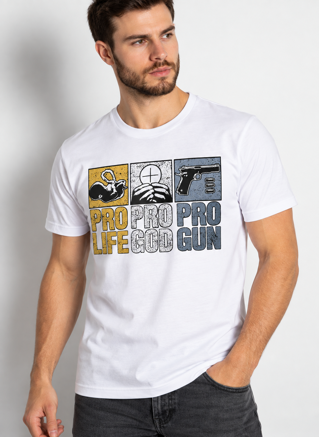 Detalhes da Camiseta PRO-LIFE PRO-GOD PRO-GUN